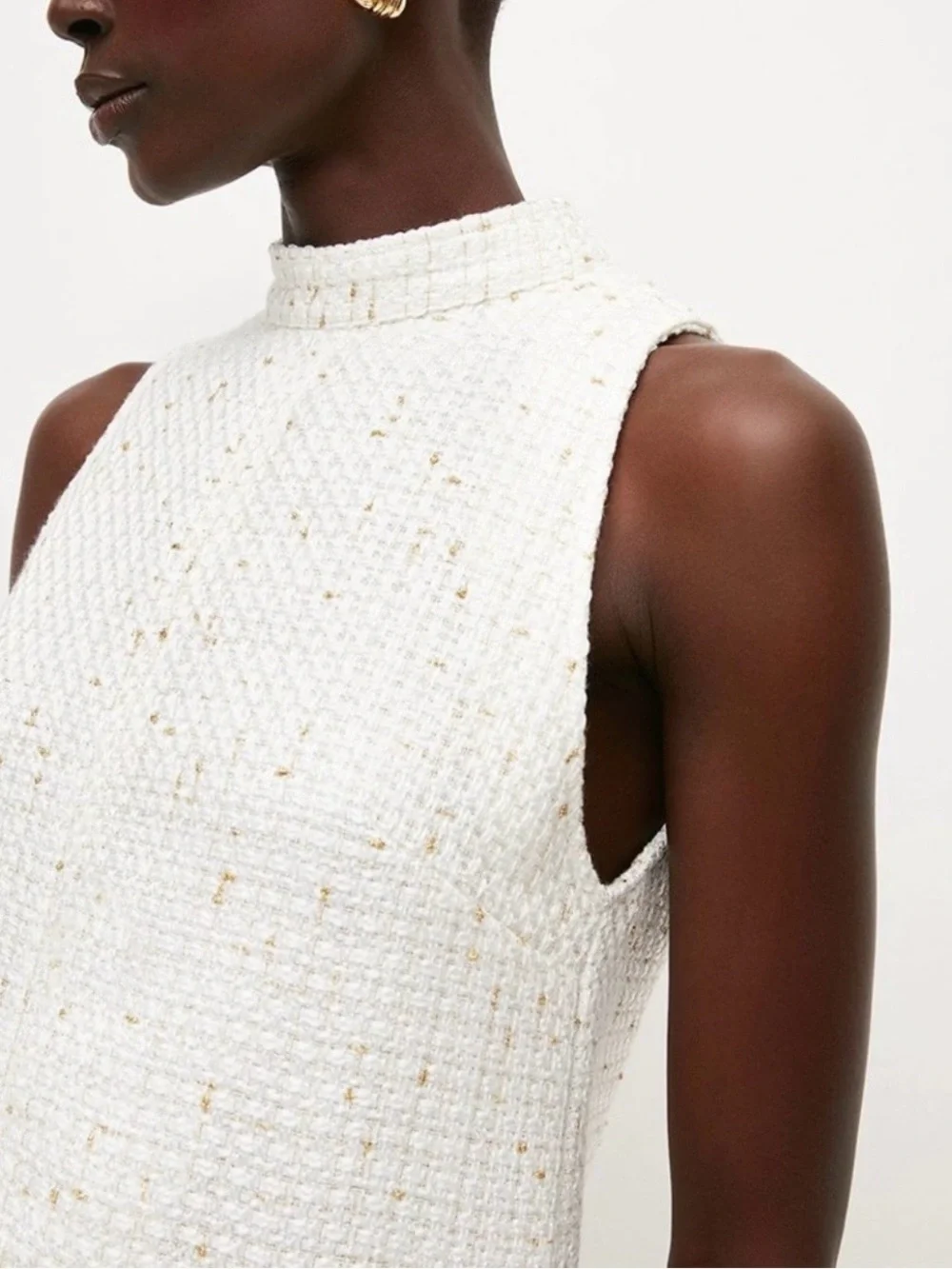 KAREN MILLEN Sleeveless Tweed Mini Dress White with Gold Buttons Size 4 UK8 NWT